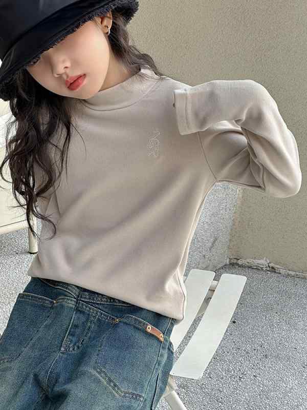 Tシャツ 女児 キッズ 冬用 トップス カットソー 長袖 コットン混紡 暖か やわらか 無地 アニマル柄 ラビット ベージュ ブラウン 120 130 140 150 160 170