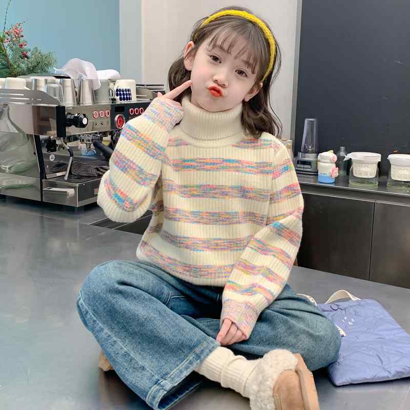 子供 ニット 高齢 タートルネック トップス 秋冬 加厚 裏起毛 ストライプ 女の子 普段使い