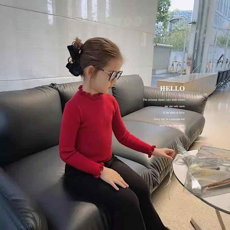 ニット・セーター ガールズ 子供服 長袖 秋冬 厚手 韓国風 トップス 女の子 ミドル丈 ハイネック 無地 かわいい 普段着 通園 通学 レッド ホワイト系 90 100 110 120 130 140