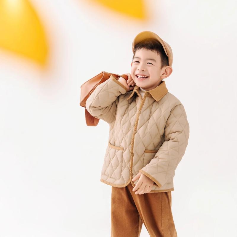 子供服 秋冬用セットアップ 韓国風 シングルブレスト アウター インナー ラウンドネック 保温 コットン 綿入り 上下2点セット 黄色 カーキ ブラック