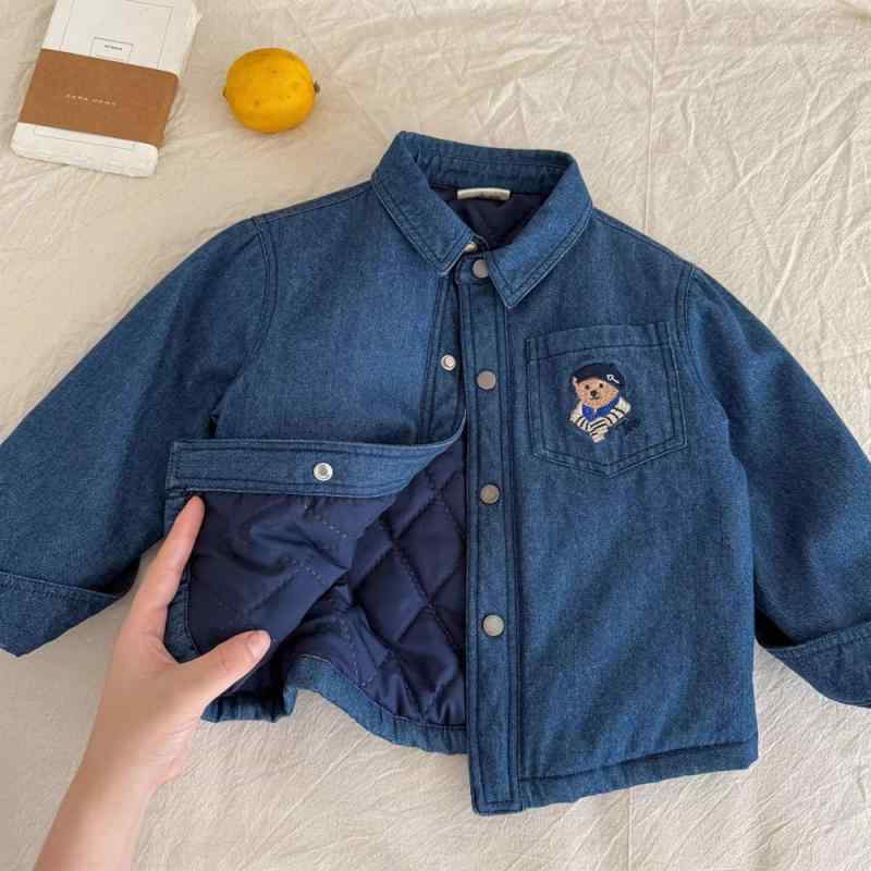 子供服 ジャケット 男女兼用 小熊柄 デニム シャツ 厚手 裏地コットン アウター カジュアル かわいい 90 100 110 120 130 140 秋冬