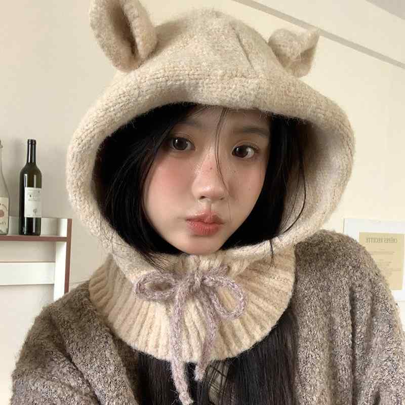 ニット帽 レディース かわいい 耳当て バラクラバ 冬 防寒 保温 暖かい 毛糸 ビーニー ネックウォーマー 一体型 ミトン ベージュ ブルー ピンク ブラック グレー レッド