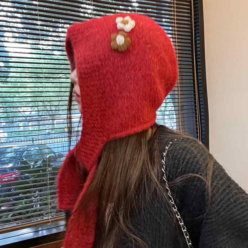 ニット帽 レディース バラクラバ 秋冬 防寒 暖かい 花柄 赤色 灰色 ケーブル編み あったか スヌード 襟巻き ネックウォーマー ビーニー