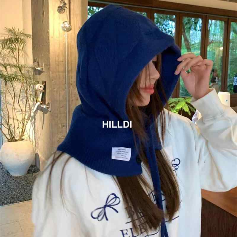 バラクラバ ニット帽 韓国風 ネックウォーマー 一体型 帽子 秋冬 防寒 保温 かわいい ガーリー フェアリー あったか 杏米色 ブルー 赤