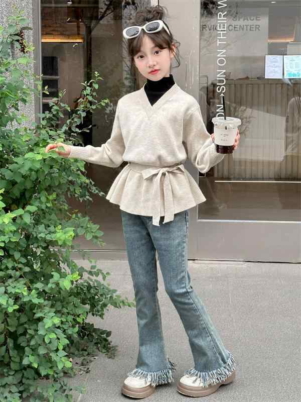 子供服 ニットセーター セットアップ 女の子 裏起毛 暖かい 長袖 トップス ＆ 伸縮性 ラッパズボン 上下 2点セット かわいい ガールズ カジュアル 普段着 秋冬