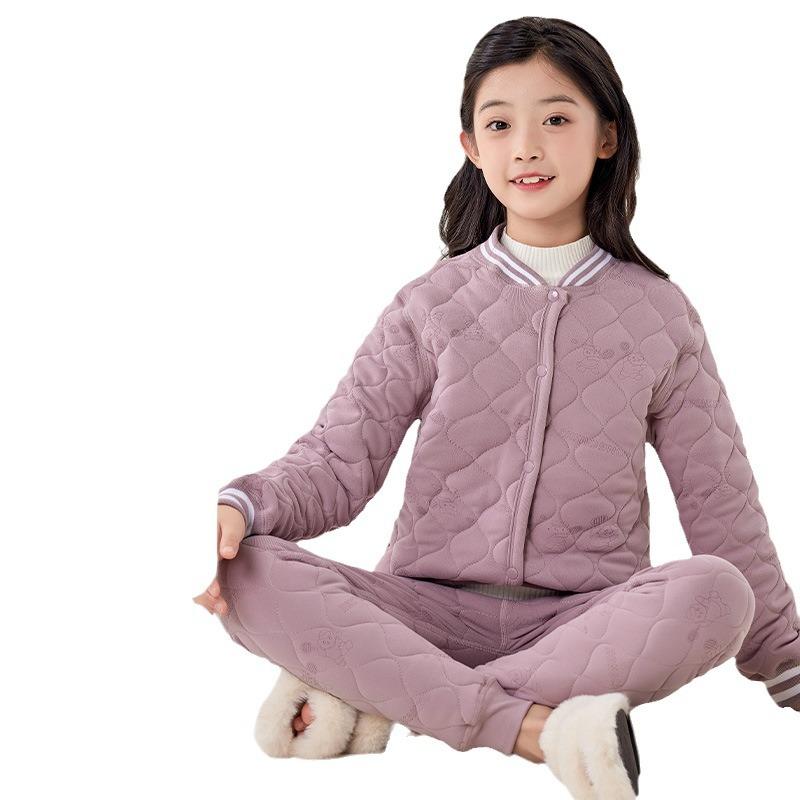 子供用セットアップ 冬用裏起毛パジャマ 上下セット 親子ペア 暖かカットソー 長ズボン 厚手ポリエステル ピンク パープル カーキ グレー 110 120 130 140 150 160 170 180 190