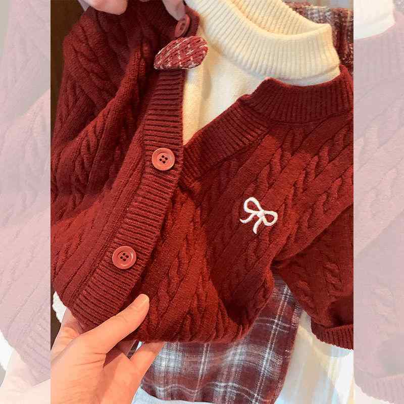 子供服 秋冬 セットアップ 女の子 ニット 韓国風 裏起毛 チェック パンツ 2点セット 厚手 かわいい 普段着 ベビー ガールズ 上下セット