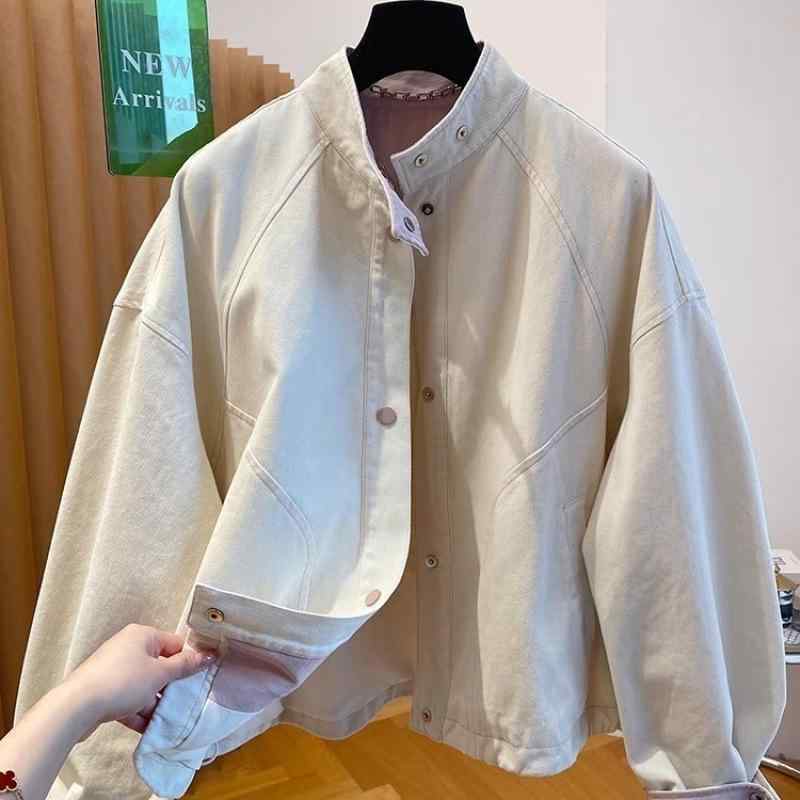 ジャケット レディース 春秋 立襟 アウター ショート丈 ゆったり ミリタリー ベージュ オフホワイト 通勤 きれいめ 大人 上品