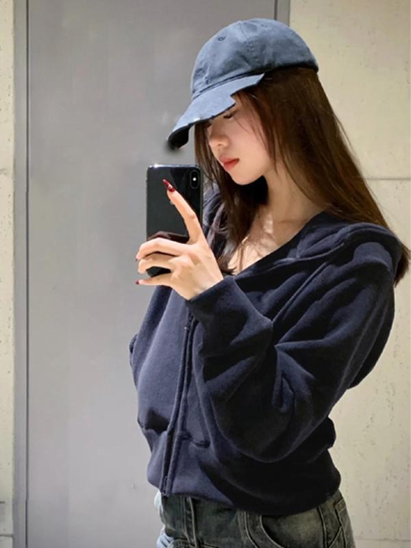 パーカー レディース 薄手 ジャケット 春秋 カジュアル 無地 長袖 フード付き 紺色 S M L XL 綿 ポリエステル