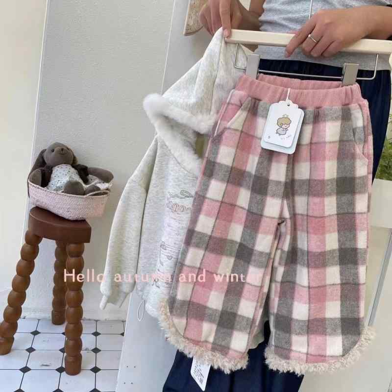 子供服 ガールズ 秋冬 グレー 裏起毛 スウェット セットアップ チェック柄 カジュアルパンツ
