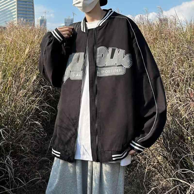 ジャケット 男性用 ブルゾン 春秋 韓国風 野球服 運動着 ゆったり ブラック ホワイト