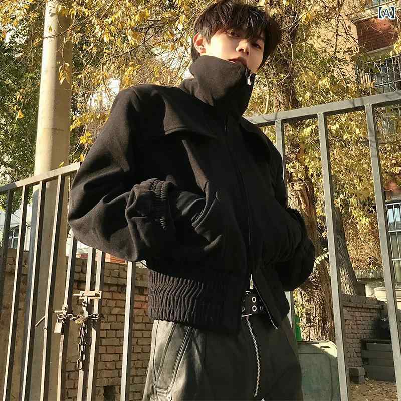 ジャケット 男性用 ブルゾン 高襟 肩パッド 無地 韓国風 ショート丈 アウター 普段使い 春秋 ポリエステル 黒