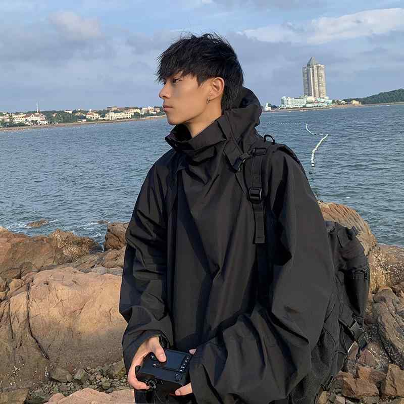 ジャケット 男性用 春物 ライトアウター カジュアル 黒 ブラック 立ち襟 フード付き 普段使い アウトドア ゆったり ポリエステル