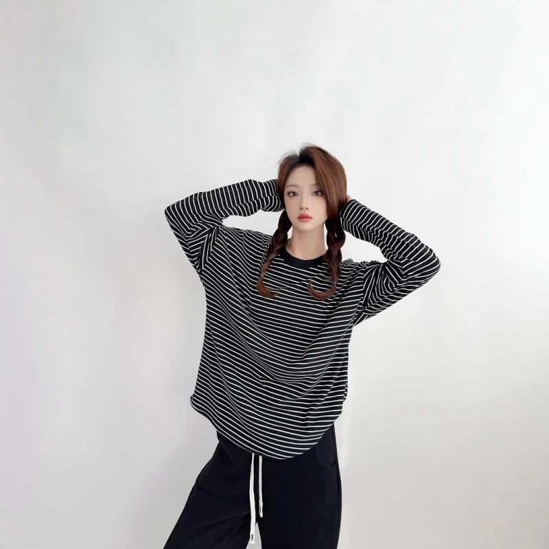 Tシャツ レディース 秋冬 韓国風 裏起毛 あったか ゆったり 大きいサイズ 長袖 トップス カットソー ラウンドネック ボーダー 普段使い 部屋着