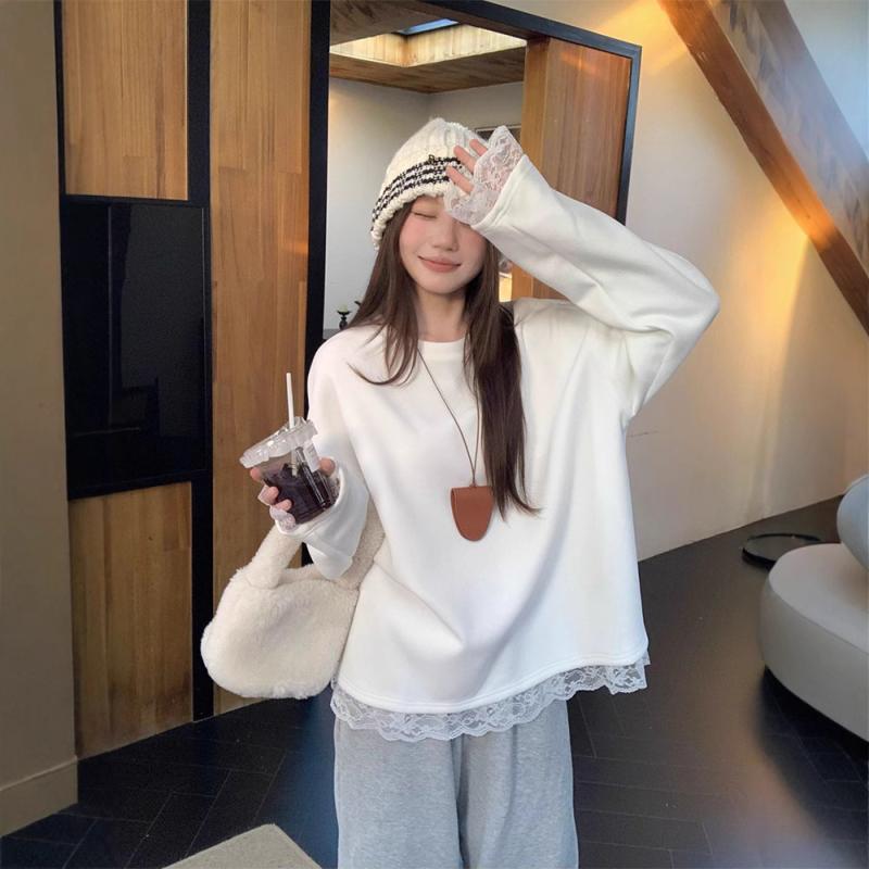 Tシャツ レディース 秋冬 韓国風 かわいい レース トップス 長袖 カットソー 裏起毛 あったか インナー 普段使い ラウンドネック ゆったり シルエット