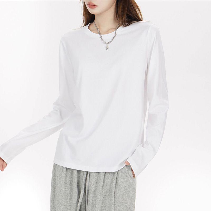 Tシャツ レディース 長袖 白 カットソー レイヤード風 丸首 プリント柄 綿 通勤 秋冬