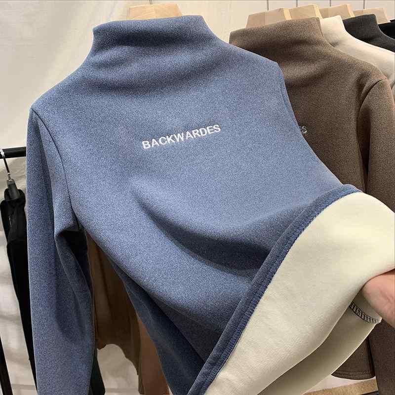 Tシャツ レディース 秋冬 裏起毛 あったか トップス 韓国風 長袖 インナー カットソー ハーフネック 刺・墸 普段使い 部屋着 伸縮性 ポリエステル ブラック ブルー グレー コーヒー ホワイト スカイブルー 大きいサイズ
