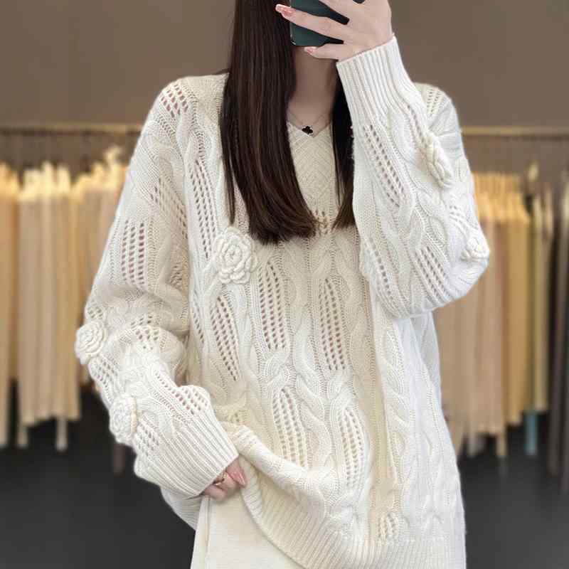 ニット・セーター レディース 韓国風 厚手 ウール カットワーク 長袖 トップス カシミヤ プルオーバー 秋冬 M L XL ゆったり 接触冷感 通勤 エレガント モノトーン｜イーマイショップ