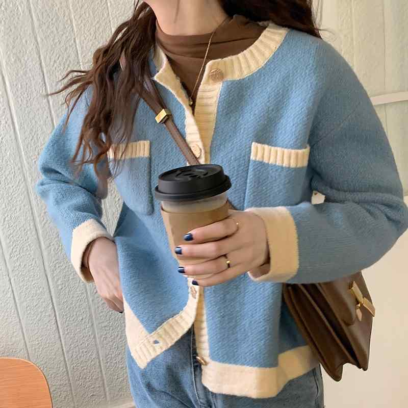 ニット カーディガン レディース 秋冬 配色 ゆったり 長袖 トップス 韓国風 かわいい カジュアル 普段使い 部屋着 接触冷感 ブラック ピンク系 ブルー 4,184円