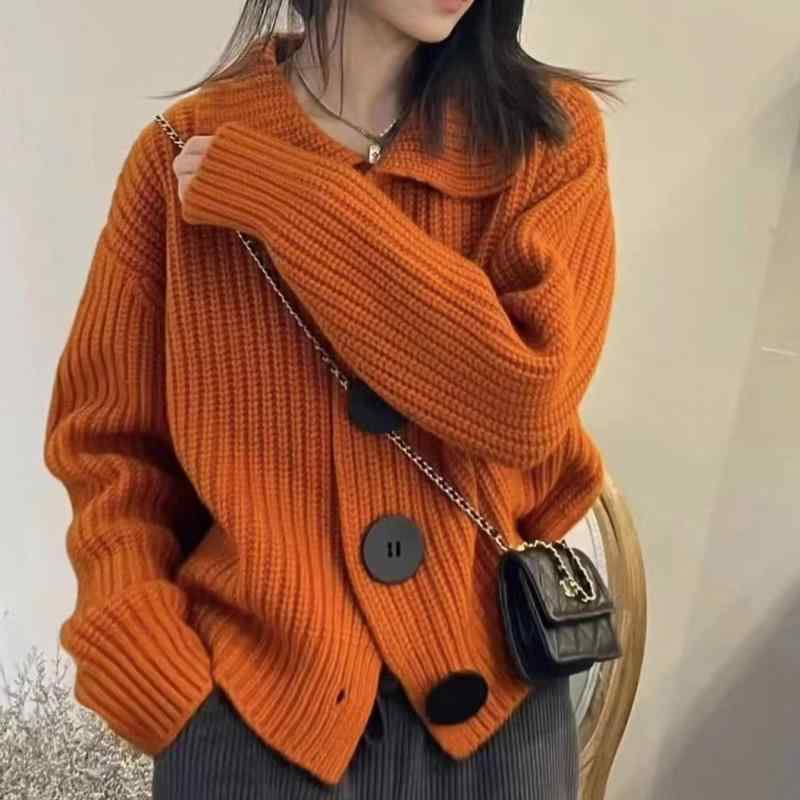 ジレー レディース POLO襟 長袖 ゆったり 絨毛 編み物 アウター トップス パール白いこと オレンジ色赤いこと 薄墨色 3D 立体柄 事務所 通い 好いたらしいめ 窈窕たる 窈窕たる スウェット・トレーナー-レディースファッション