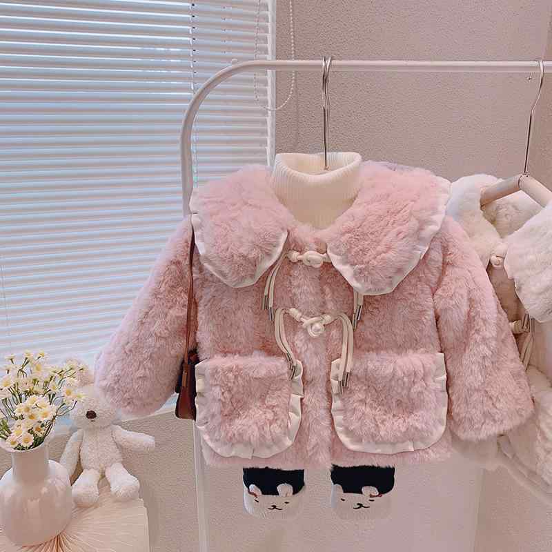 赤ちゃん服 ガールズ アウター 冬物 フェイクファー 厚地の外套 ベビー服 朦々たる 小学生 無地 ベージュ