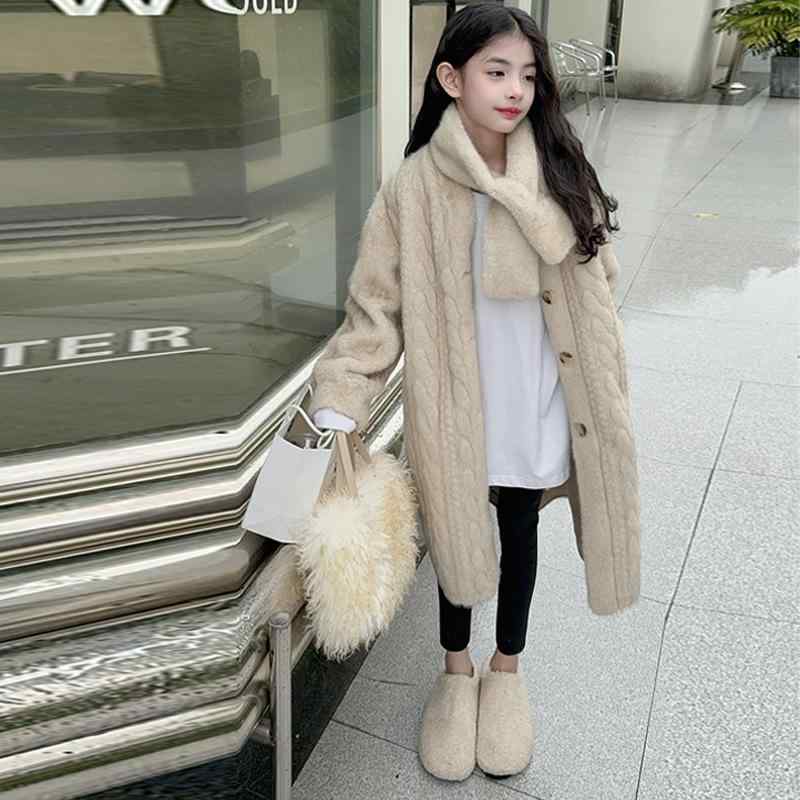 子供服 毛皮コート 女の子 ニット ロングコート 中学生 高校生 厚手 秋冬 アウター 防寒 あったか 裏地ポリエステル 杏色