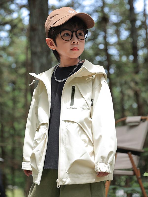 キッズ アウター 春秋 男の子 子供用 スポーツウェア ウインドブレーカー ジャンパー ジャケット 撥水 防風 ベージュ ホワイト ポリエステル