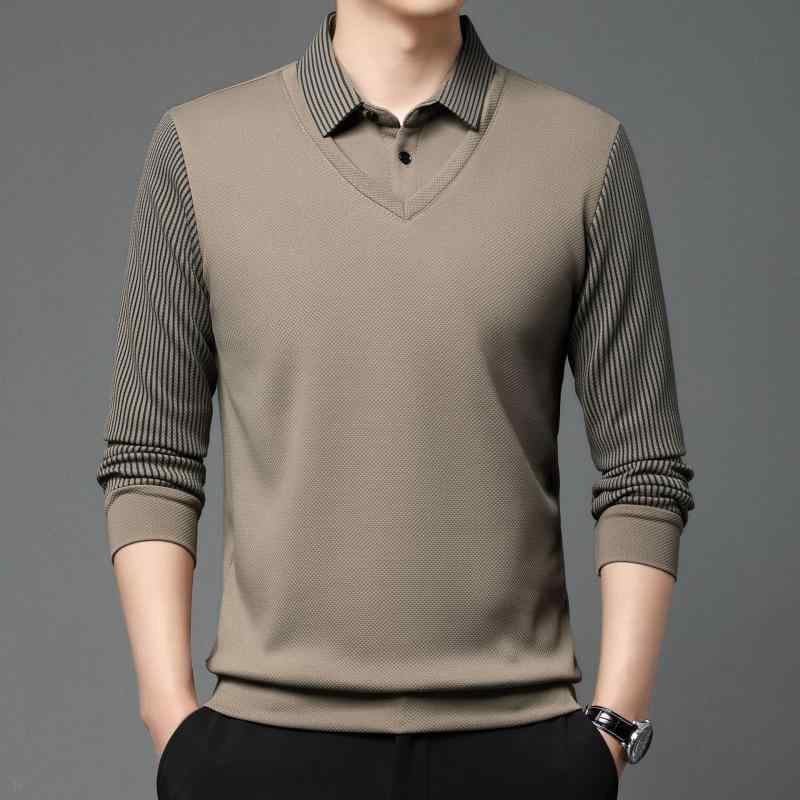 Tシャツ メンズ 男性用 冬季 裏起毛 厚手 フェイクレイヤード 暖かい ポロシャツ ストライプ トップス カットソー 30代 40代 50代 普段使い 長袖 ポリエステル混紡
