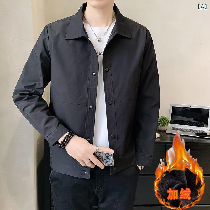 ジャケット 男性用 秋冬 襟付き 裏起毛 厚手 ゆったり 防寒 カジュアル トップス 黒 ブラック グレー ブルー グリーン 灰緑 灰色 M L XL 2L 3L 4L ポリエステル