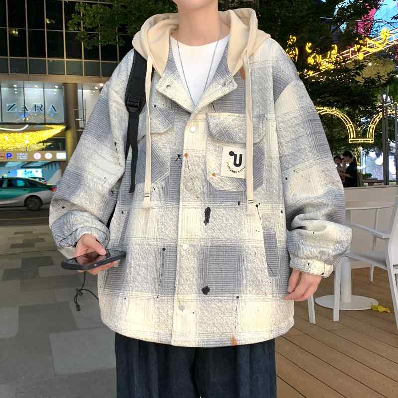 ジャケット 男性用 春秋 格子柄 アウター ゆったり 大きいサイズ フード付き カジュアル スポーティー ライトアウター