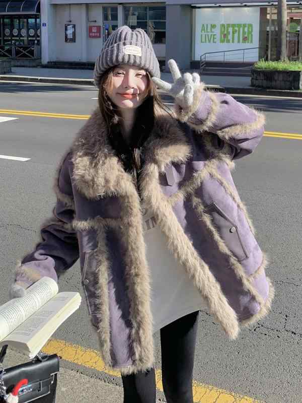 コート レディース パープル フェイクファー ミドル丈 アウター 秋冬 暖かい 防寒 おしゃれ かわいい ゆったり ふわふわ あったか 翻 Collar 長袖