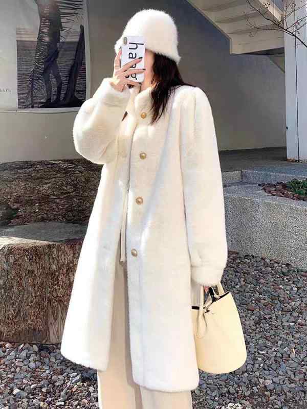 コート レディース ファーコート 毛皮 ミンク カシミアタッチ 立襟 ロング丈 厚手 アウター 秋冬 アーバン 通勤 エレガント パールホワイト ベージュ カーキ ブラック S M L