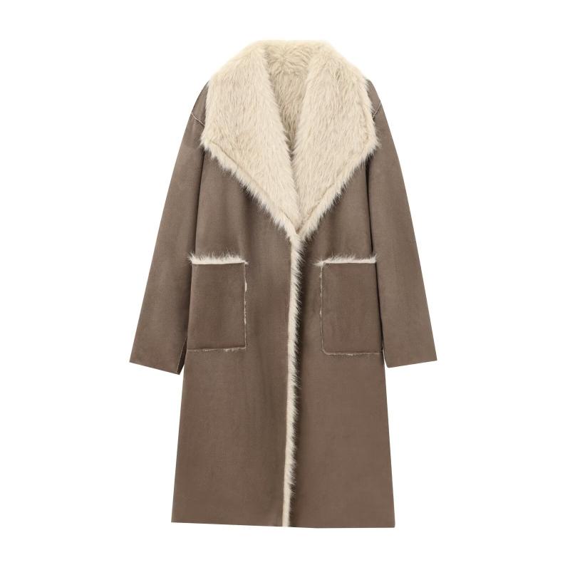 ジャケット レディース アウター 人工 皮毛 ファーコート ダブルフェイス 深棕色 ポケット 翻 Collar 襟 秋冬 街頭 個性 XS S M L ポリエステル