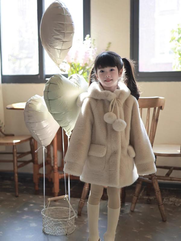 子供服 アウター 女の子 ボアコート ミドル丈 かわいい クマ耳 フード付き エコファー コート 裏地付き 防寒 暖かい 秋冬