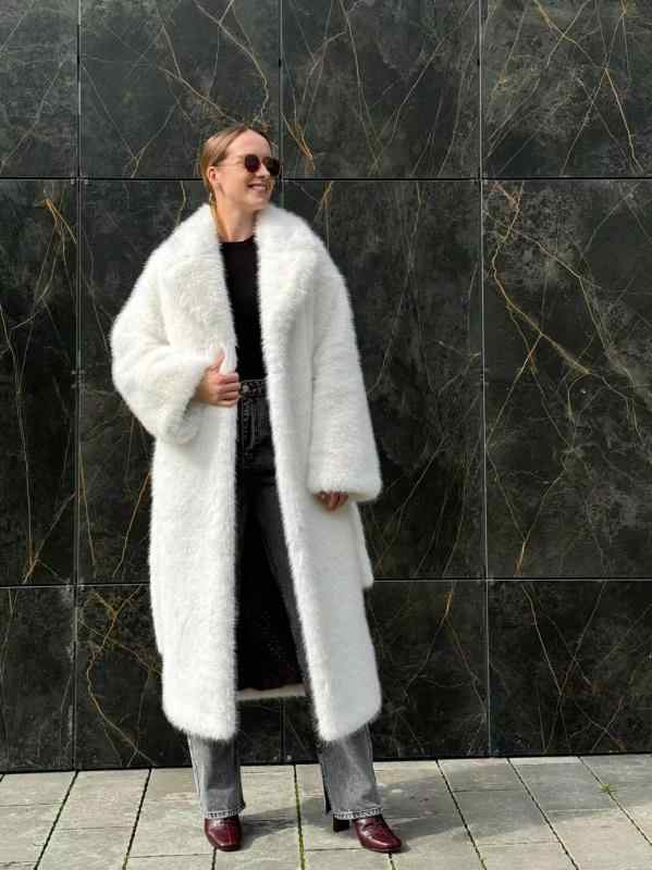 コート レディース 秋冬 ロング丈 フォックスファー フェイクファー アウター ウエストベルト付き ホワイト 暖かい あったか エレガント 高見え 高級感