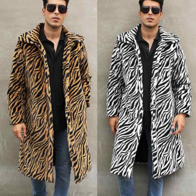 厚地の外套 メンズ 成人男性用 フェイクファー アウター ロング丈 ゼブラ柄 欧米風 表どおり 長袖 襟付き添い人 衣嚢 人造皮毛 黄味がかった 白いこと 好いたらしい 普段使い