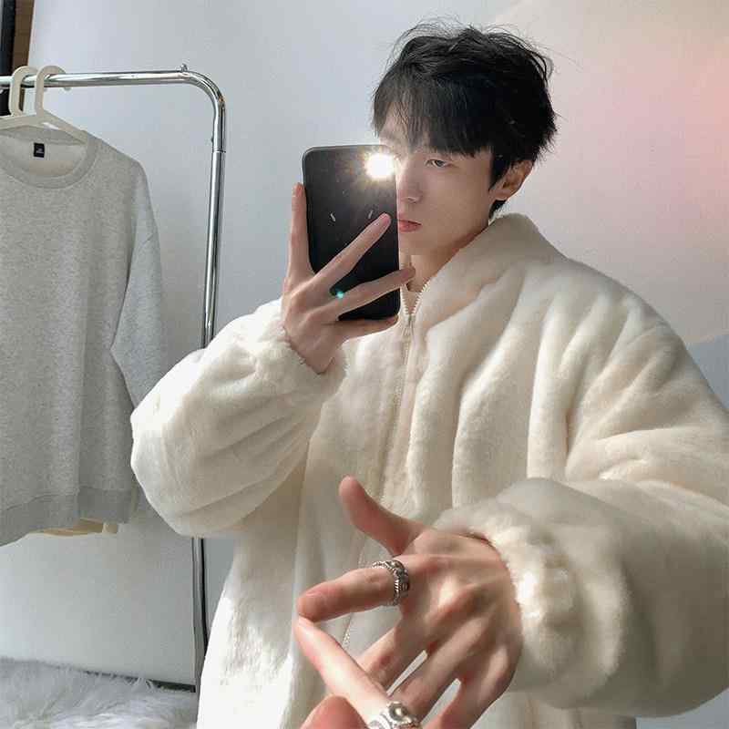 厚地の外套 メンズ 成人男性用 ボア 裏起毛 フリース 上衣 上衣 前掛け アウター 防寒着 秋冬 ベージュ 黒いこと サクラ色系