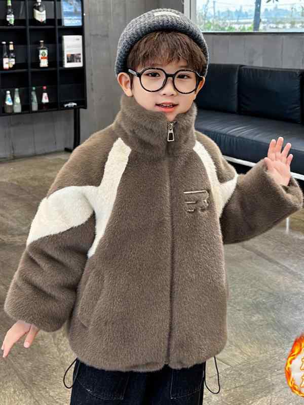 子供服 アウター 男の子 フェイクファー コート 裏起毛 秋冬 防寒 暖かい 毛皮風 ジャケット グレー カーキ 高品質 人造毛皮