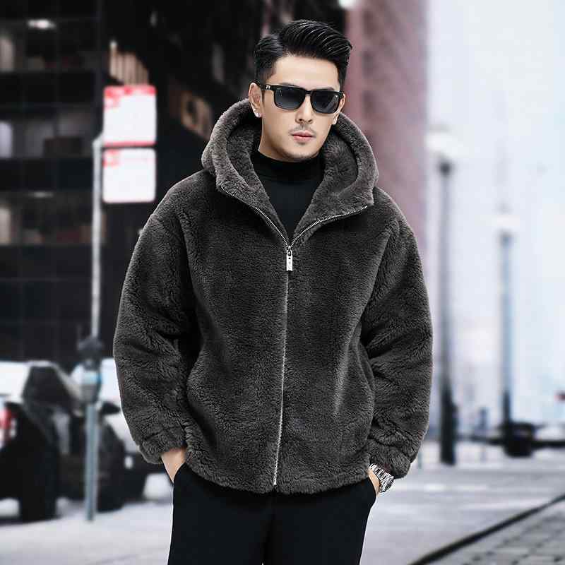 コート メンズ 男性用 羊毛皮 秋冬物 フード付き シープスキン 暖かい 防寒 カジュアル ゆったり 深灰色 ライトグレー ライトブラウン ブラック|イーマイショップ