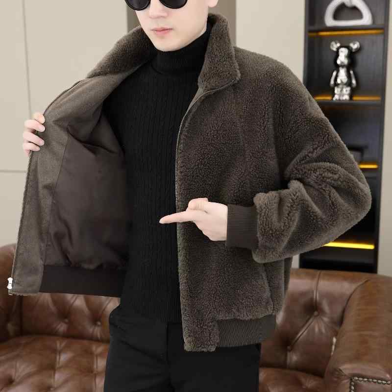 コート 男性用 シープスキン ムートンジャケット ショート丈 スタンドカラー ウール パイルボア ブルゾン 秋冬 カフェ