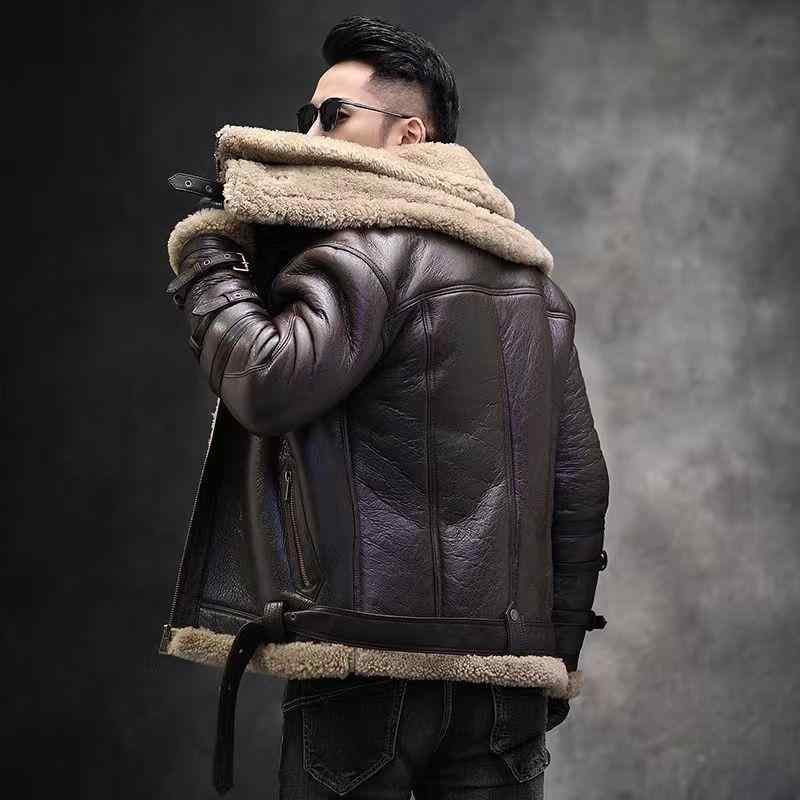 皮毛コート メンズ 男性用 厚手 防寒 B3 フライトジャケット シープスキン 羊革 ラム革 レザージャケット カジュアル ストリート アメカジ 深棕色