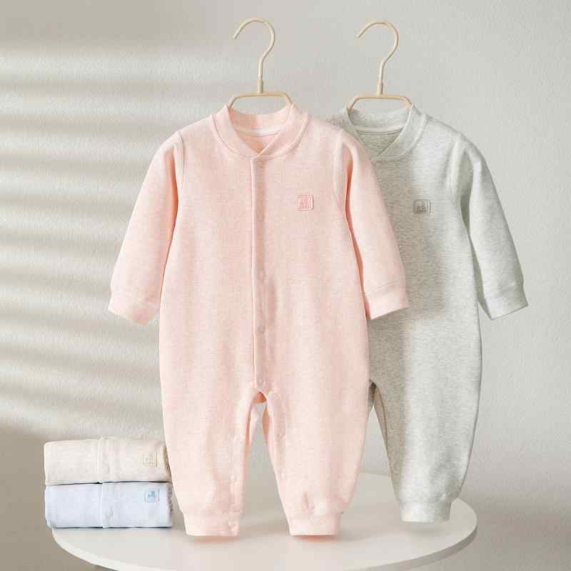 ベビー服 新生児 ロンパース カバーオール 春秋 舒? コットン 赤ちゃん 対面式ボタン 長袖 パジャマ 部屋着 男の子 女の子 ピンク ブルー グレー ブラウン 60cm 70cm 80cm 90cm