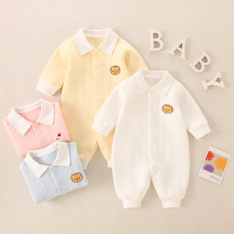 ベビー服 冬用ロンパース 新生児 カバーオール 長袖 綿 無地 あったか 外出着 かわいい カジュアル