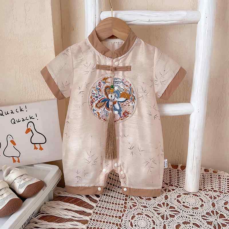 ベビー服 男の子 中国風 刺繍 ロンパース 新生児 半袖 コットン カバーオール 薄手 お出かけ