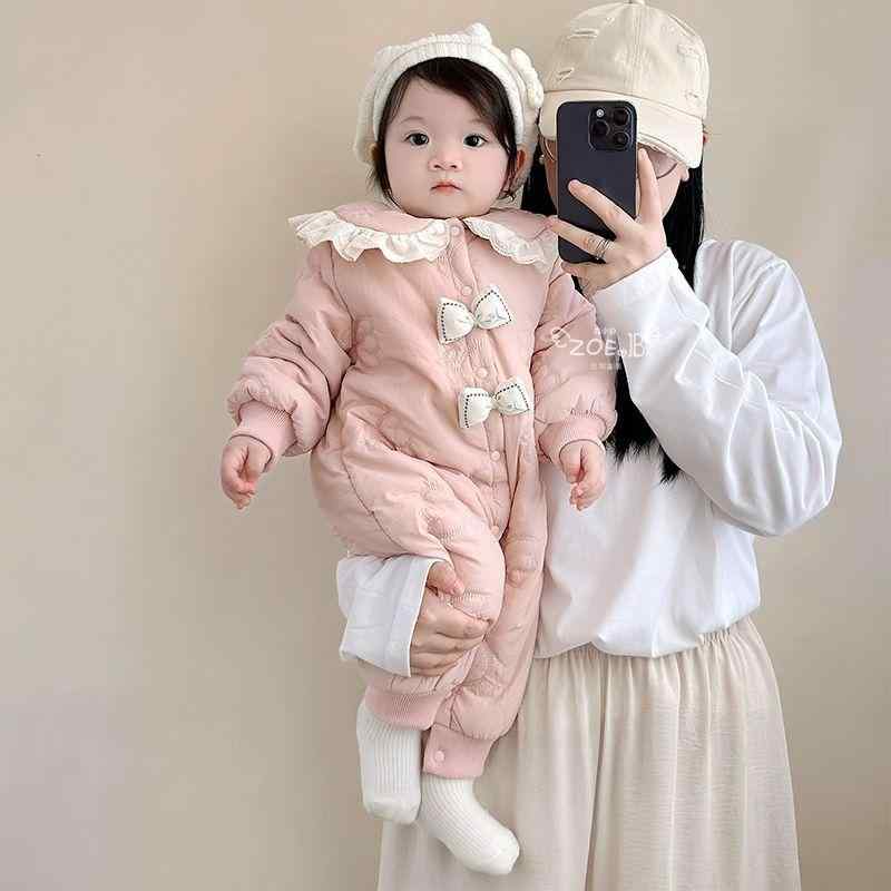 ベビー服 女の子 ロンパース 秋冬 長袖 ポリエステル 薄手 裏起毛 蝶結び かわいい ピンク系 66cm 73cm 80cm 90cm｜イーマイショップ