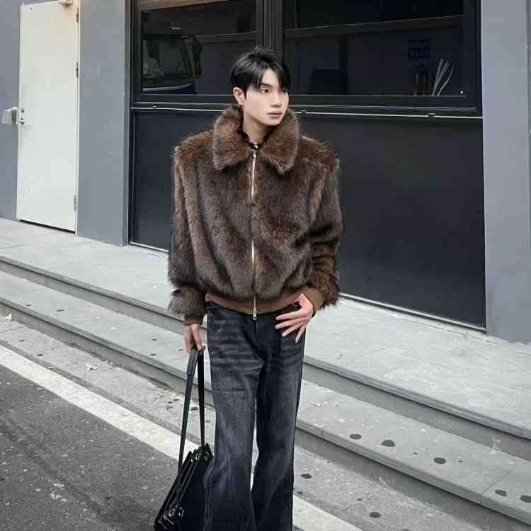 ジャケット メンズ 男性用 冬季 防寒 保温 フェイクファー 毛皮 厚手 ゆったり 襟付き アウター 上着 普段使い