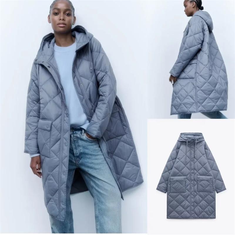 コート レディース 秋冬 長め ダイヤモンドチェック フード付き 綿服 ファッション 韓国風 インスピレーション スタイル ゆったり シルエット ルーズフィット 長袖 ジップアップ ポケット デザイン ポリエステル 綿 混紡 素材 中厚手 ブルー 単色