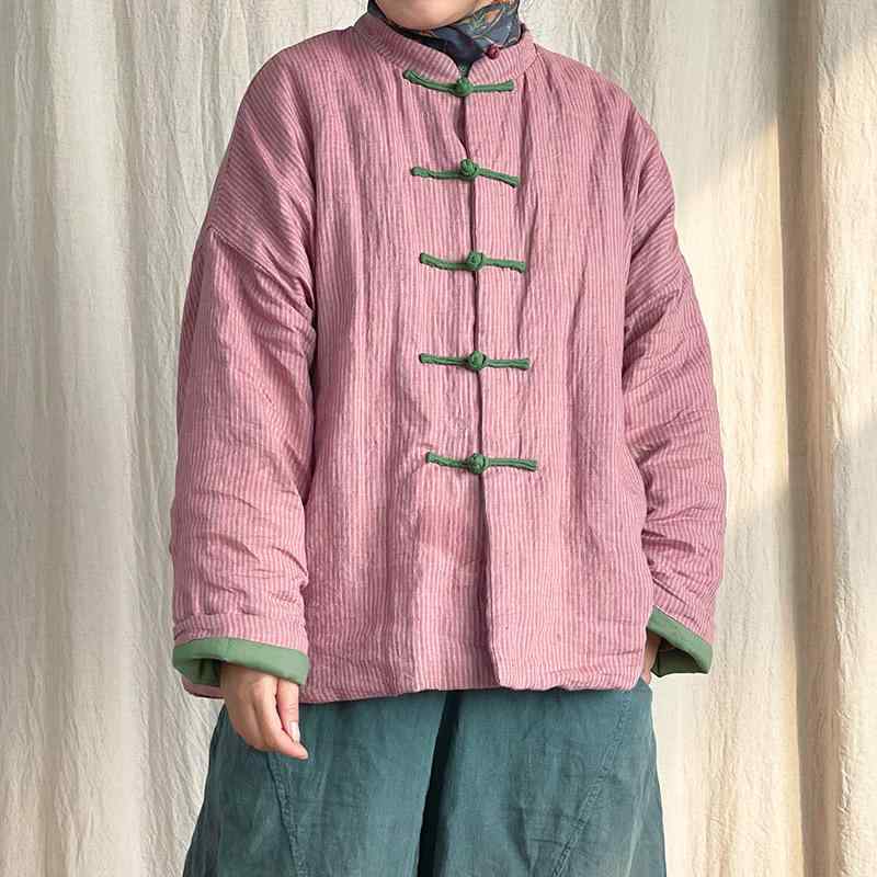 レディース 綿入れ ジャケット 国風 立襟 アマ 厚手 ゆったり リネン コート 秋冬 文芸 レトロ 赤 黒 ストライプ｜イーマイショップ