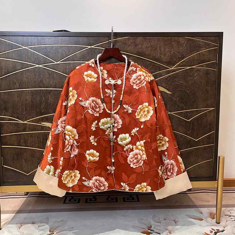 ジャケット レディース 秋冬 真綿 シルクブレンド 中綿入り 厚手 文芸復古スタイル ラウンドネック オレンジ色｜イーマイショップ