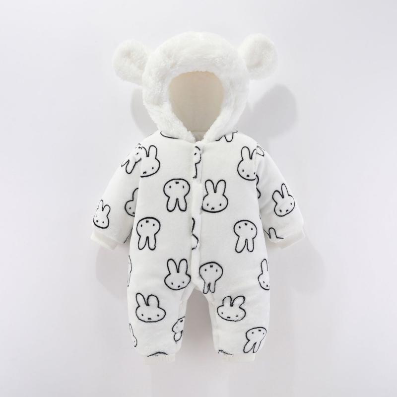 ベビー服 秋冬 長袖ロンパース あったか 新生児 カバーオール ジャンプスーツ 厚手 フランネル 前開き かわいい うさぎ 牛 いちご 外出着